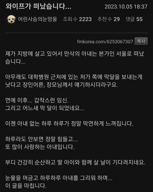 아내를 떠나보냈습니다.