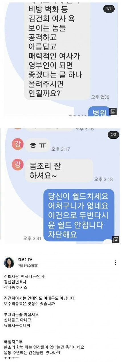 김건희 팬클럽 회장이 김부선에게 보낸 문자