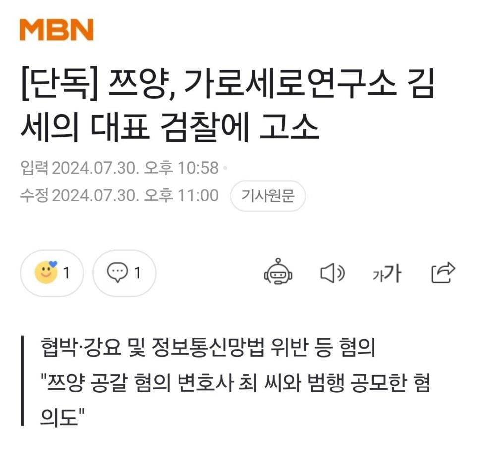 쯔양 가로세로 연구소 검찰에 고소