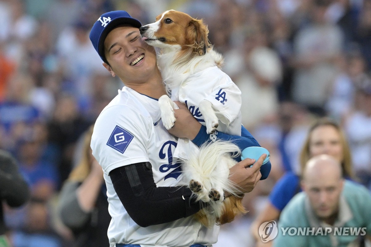MLB 다저스 오타니, 반려견 시구 배달한 날 '42홈런-42도루'