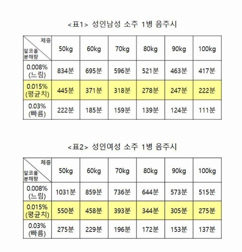 술 종류별 알콜 분해시간