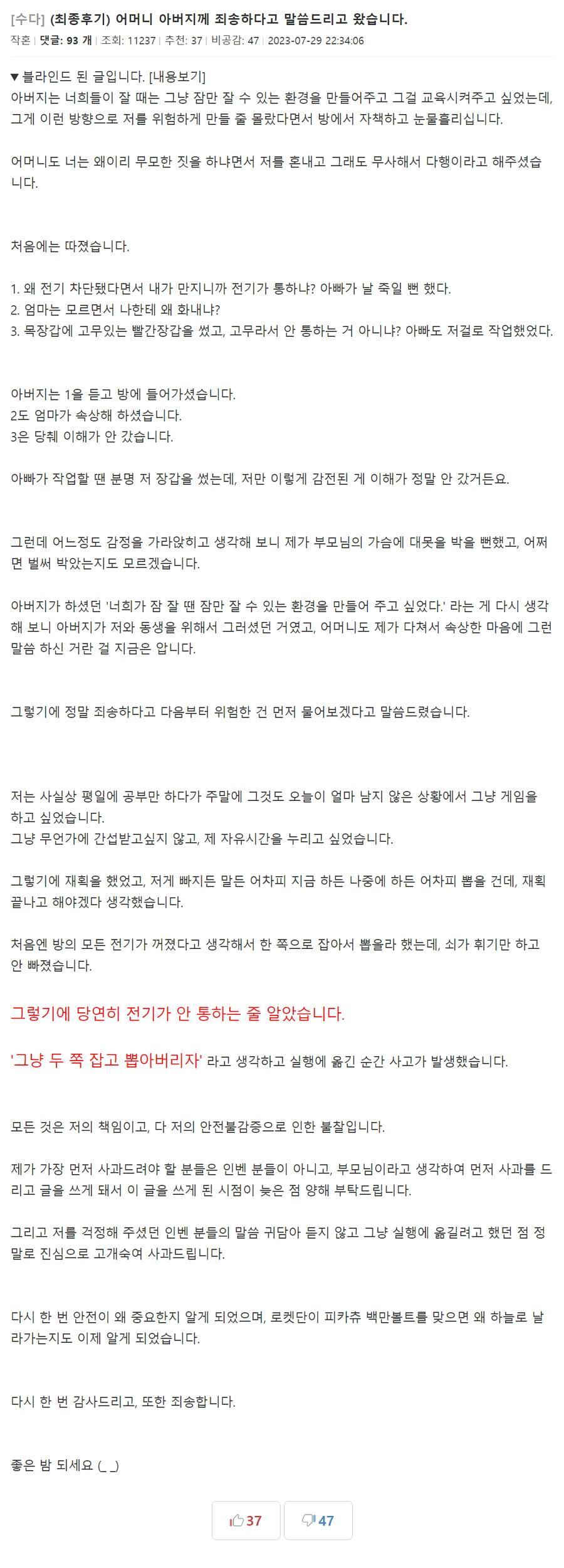 감전사고당한 메이플유저글 이후 진실.