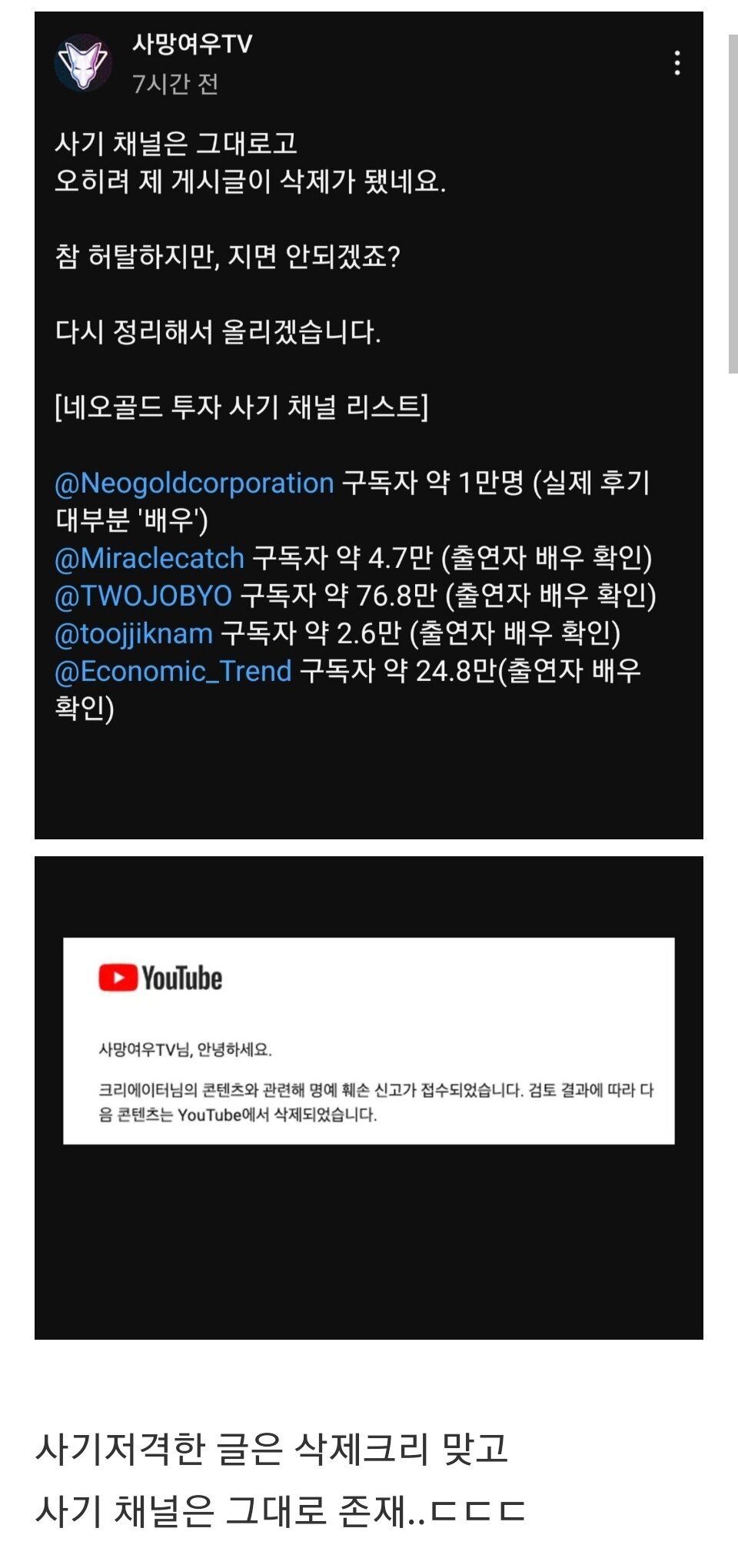 어제자 사망여우 채널 근황