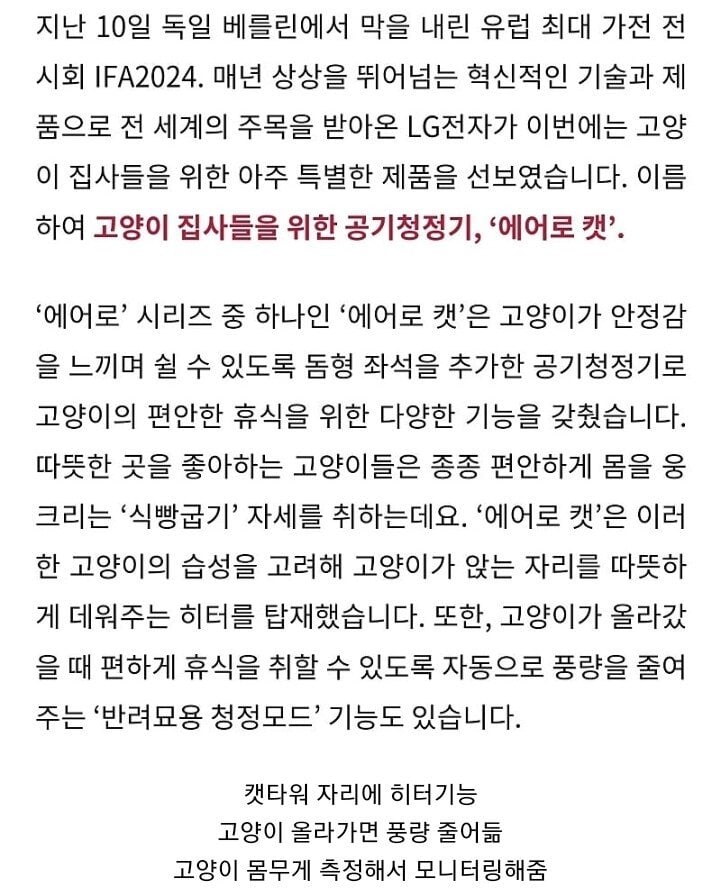 LG에서 만든 고양이 캣타워 공기청정기 