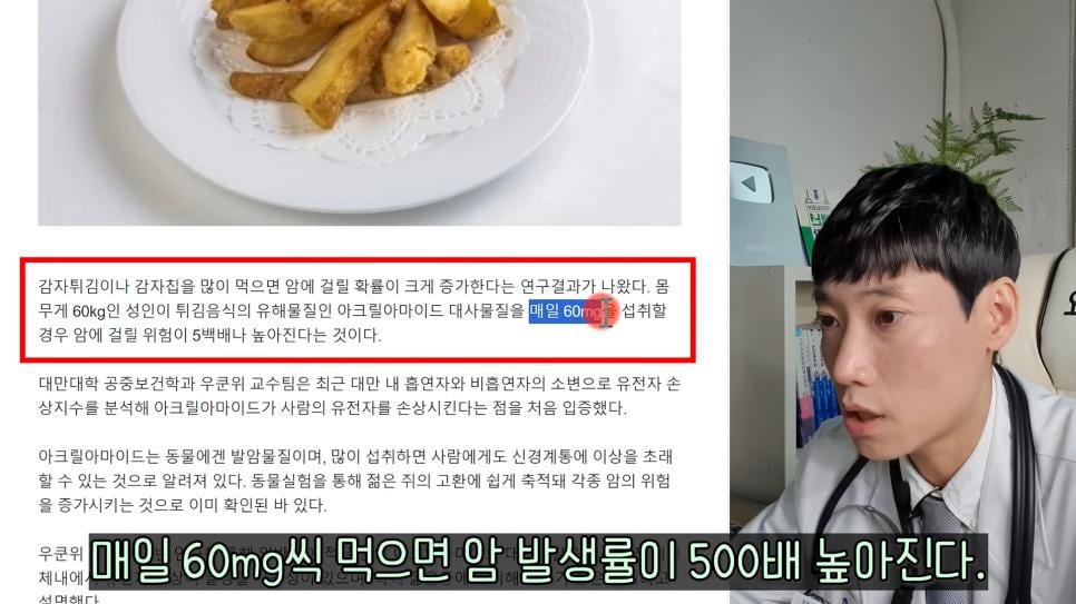 감자튀김 매일 먹으면 암발생률 500배 기사를 본 의사