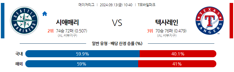 9월13일 MLB 시애틀 텍사스 해외야구분석 무료중계 스포츠분석