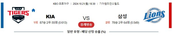 10월 21일 KBO 기아 삼성 한일야구분석 무료중계 스포츠분석