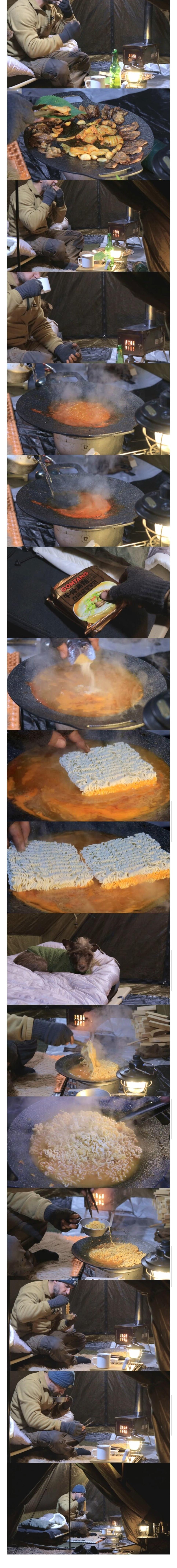 영하 5도 텐트에서 한국식 바베큐 해먹는 외국인