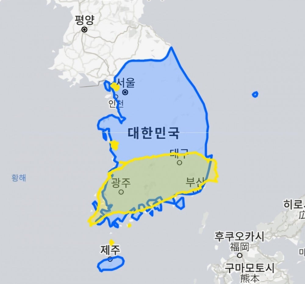한국, 일본, 대만 면적 비교 