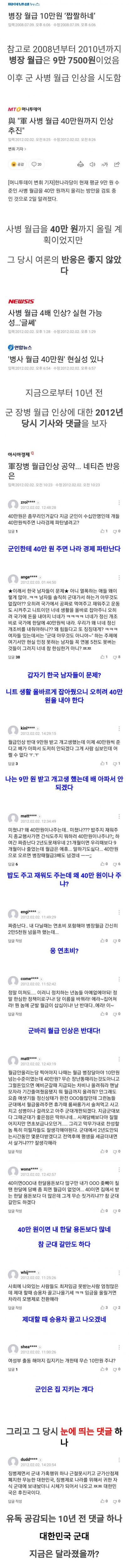 군인 사병 월급 인상 10년 전 여론