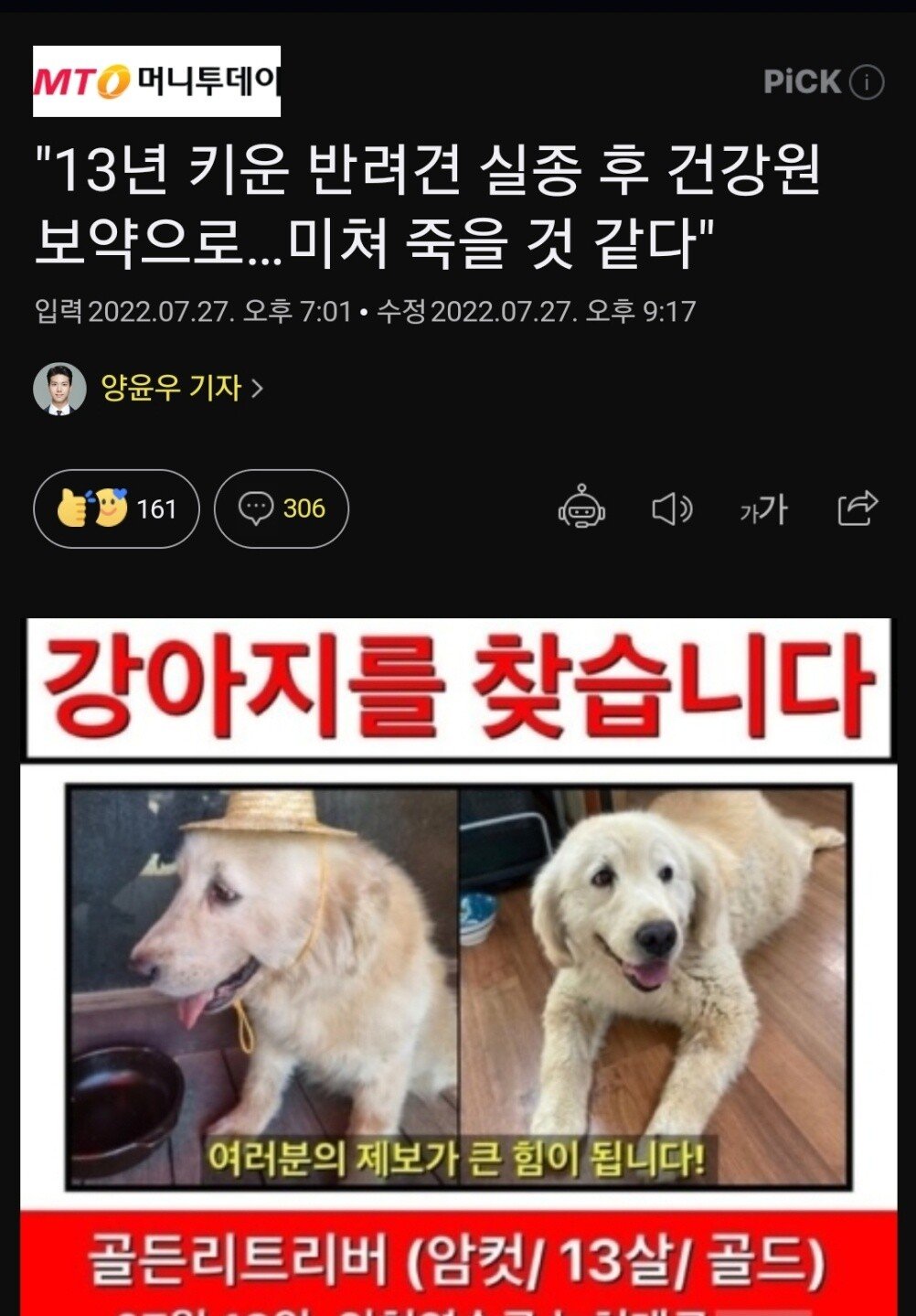 13년키운반려견 실종후 보약으로 발견돼..