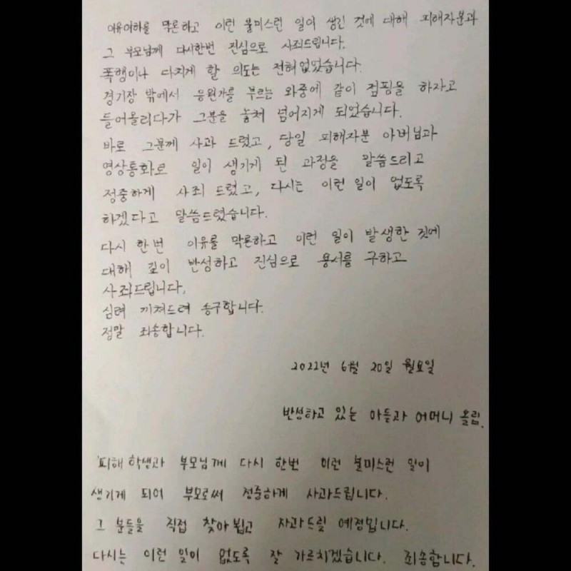 서울 FC 서포터즈 폭행한 수원 서포터즈 사과문