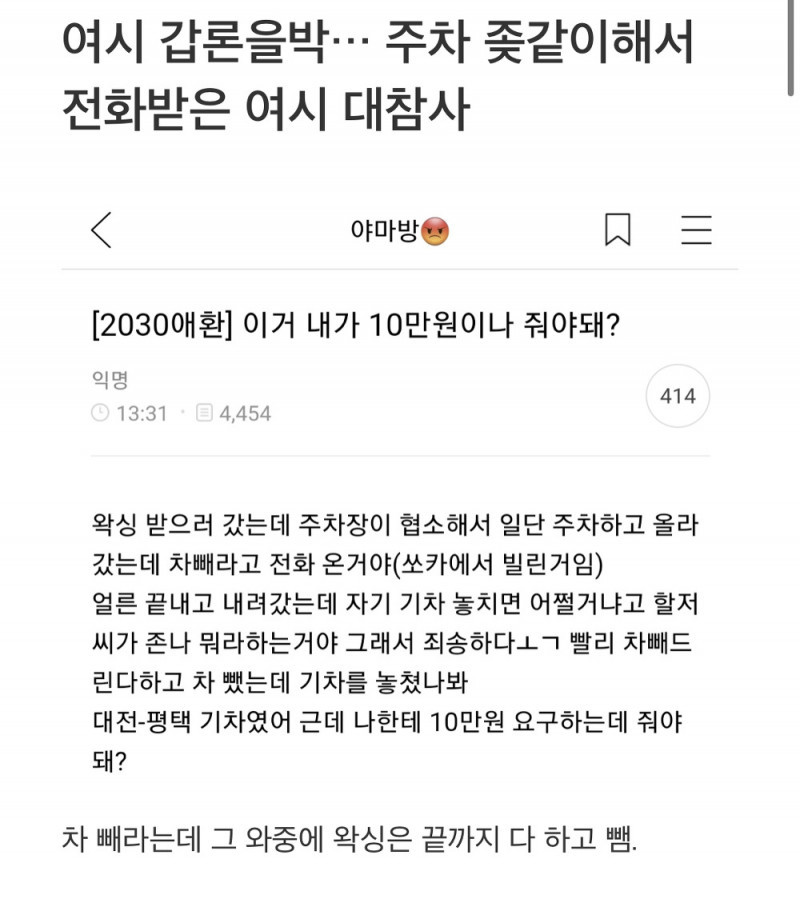 여성시대 갑론을박…주차 ㅈ같이 해서 전화받은 여시 대참사