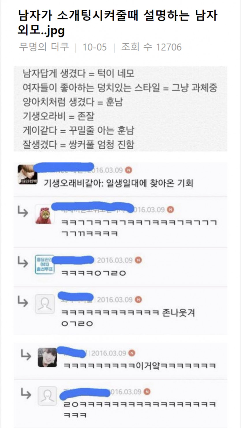 남자가 소개팅 시켜줄 때 설명하는 남자 외모