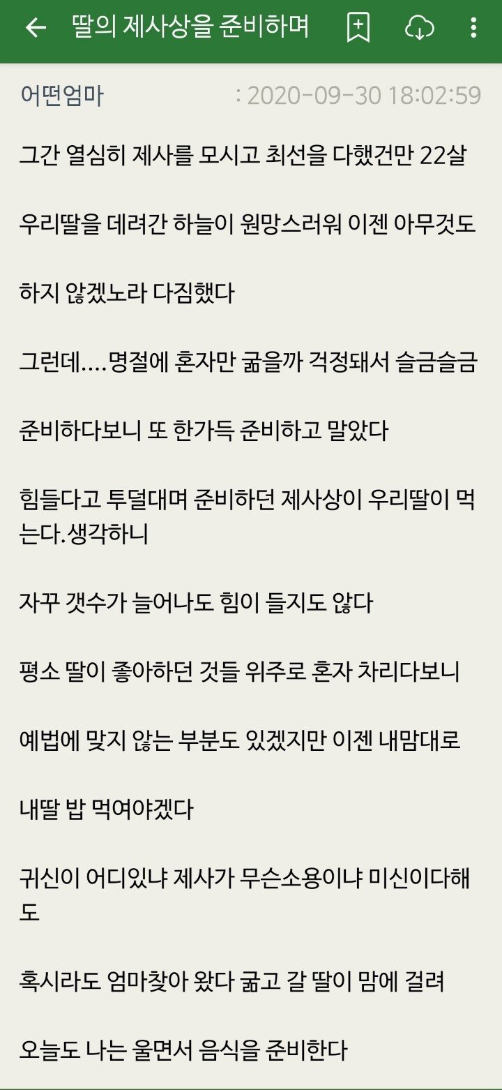 딸 제사상 차리는 엄마