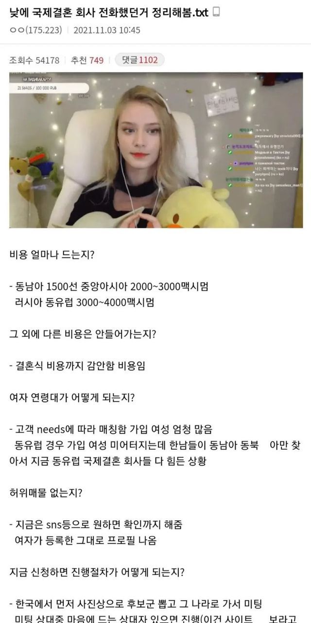 국제결혼 회사에 전화해본 주갤러가 쓴글