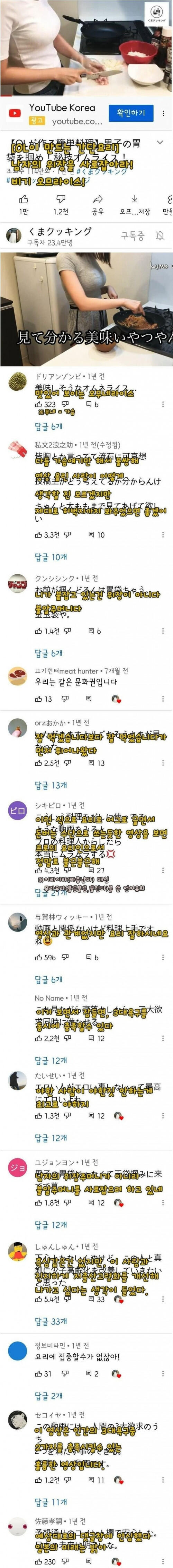 일본 오무라이스 만드는 영상에 달린 댓글들