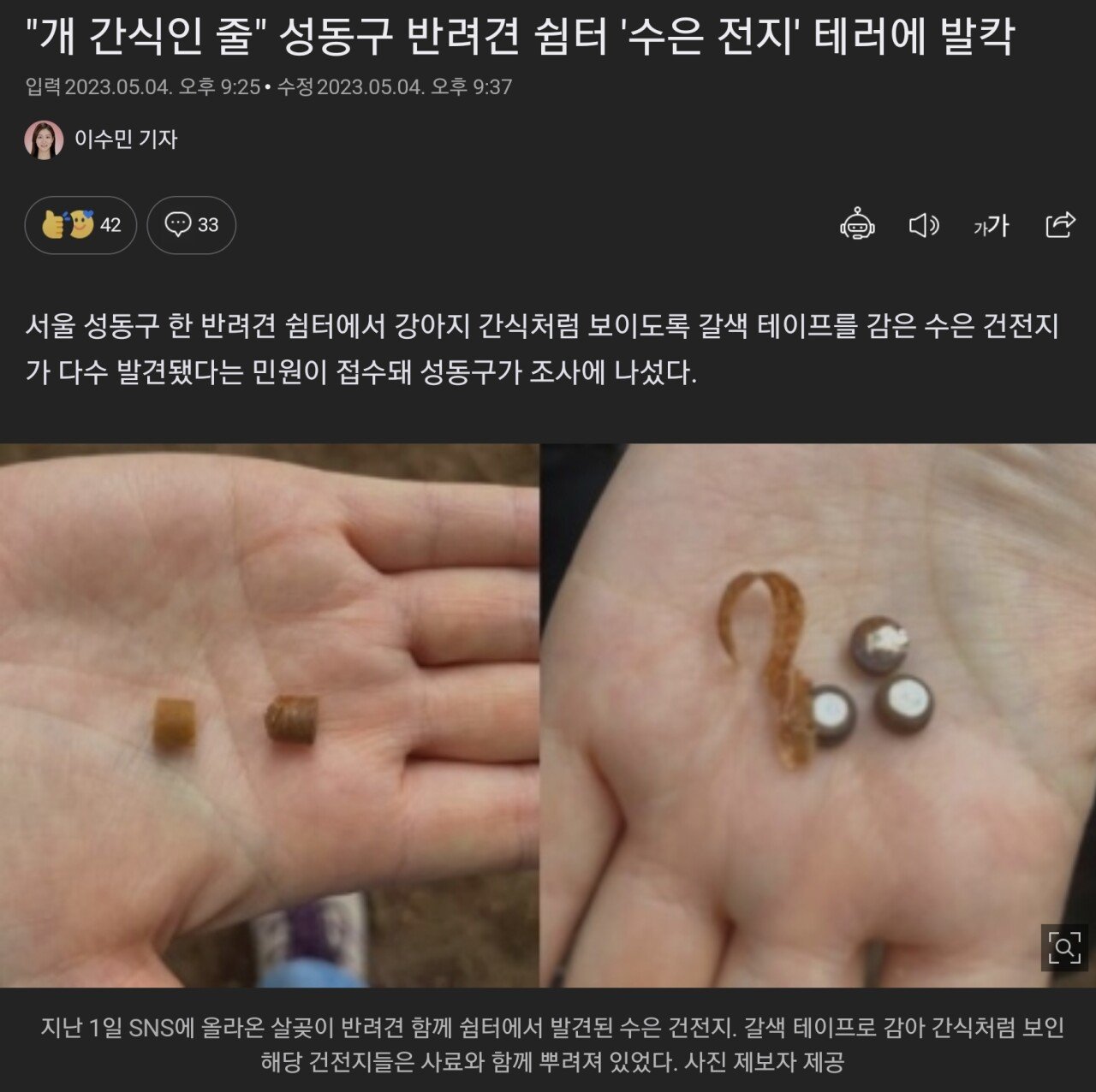 성수동 반려견 쉼터에 간식으로 위장한 '수은 전지' 테러.news