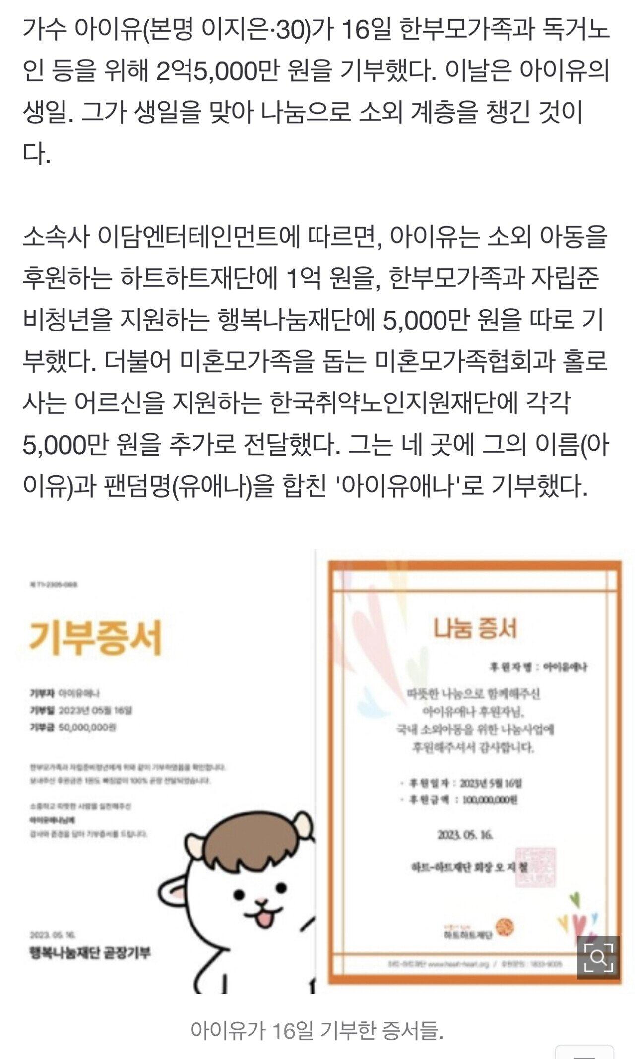 생일에 한부모, 독거노인에 2억5000만원 기부한 아이유