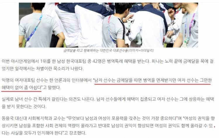 여자 국가대표가 받는 차별