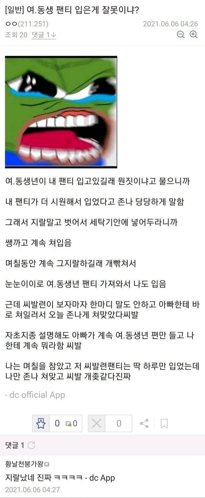 여동생 팬티 입은게 잘못이냐