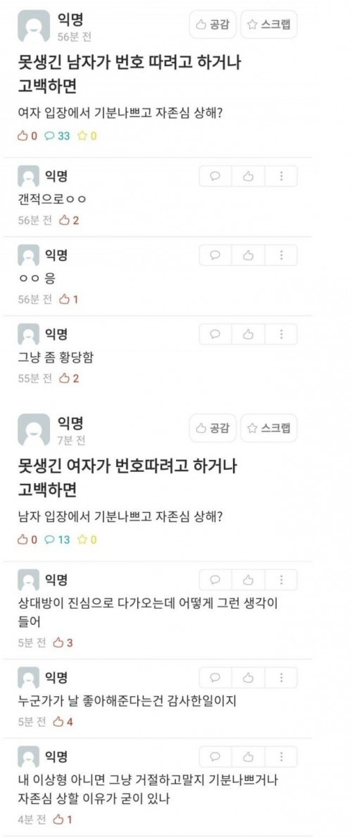 정말 못생긴 남자가 고백하면 기분이 나쁜가요?