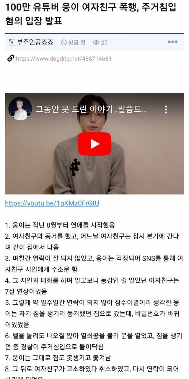 100만 유튜버 웅이 범죄혐의 해명 요약