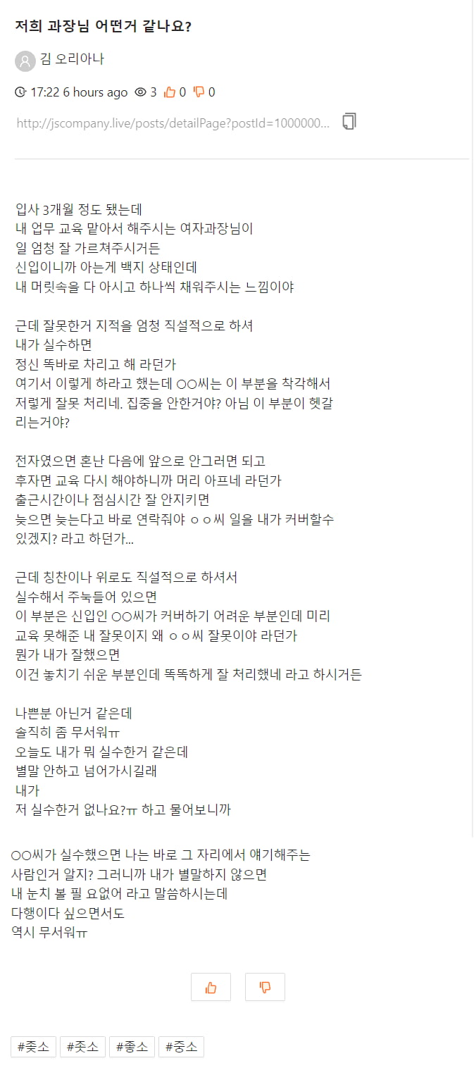 너무 인간미 없다 vs 저런 사수 만나고 싶다.