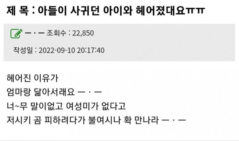 아들이 사귀던 여자랑 헤어졌대요