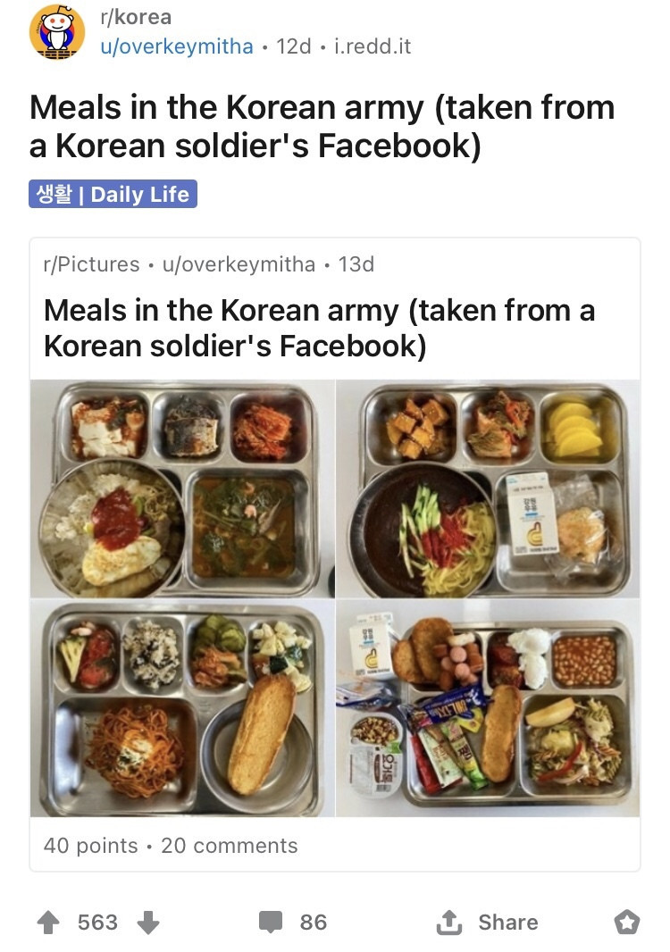 레딧에 올라온 한국군 식사 사진