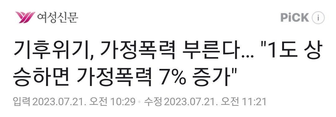 기온 1도 상승하면 가정 폭력/성폭력 각 7%, 6%씩 증가