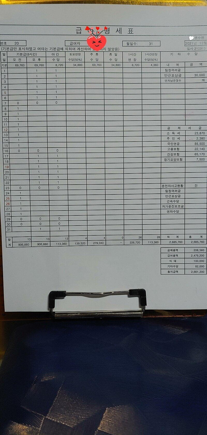 마을버스 기사 월급명세표