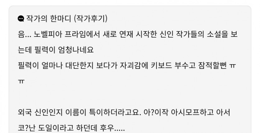 노벨피아 신입들 글쓰는 거 보고 경악한 작가